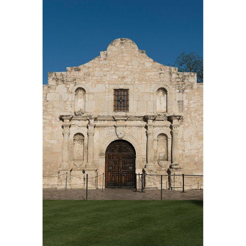 Doorway to the Alamo, an 18th-century mission church in San Antonio, TX White Modern Wood Framed Art Print by Highmith, Carol