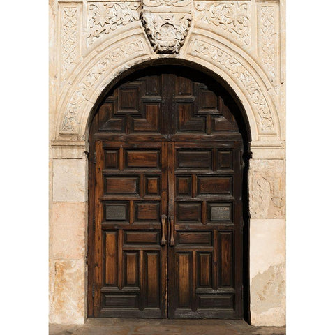 Doorway to the Alamo, an 18th-century mission church in San Antonio, TX White Modern Wood Framed Art Print by Highmith, Carol