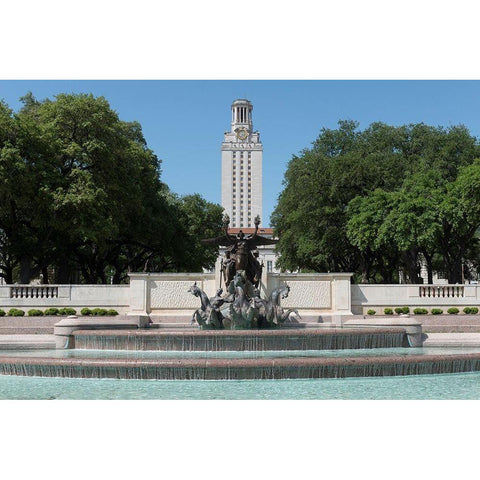 Littlefield Fountain at the University of Texas at Austin, with the historic University of Texas Tow White Modern Wood Framed Art Print by Highmith, Carol