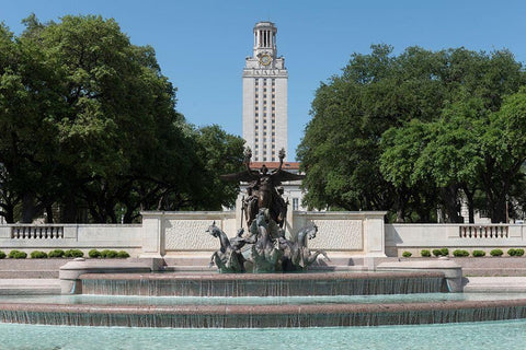 Littlefield Fountain at the University of Texas at Austin, with the historic University of Texas Tow White Modern Wood Framed Art Print with Double Matting by Highmith, Carol