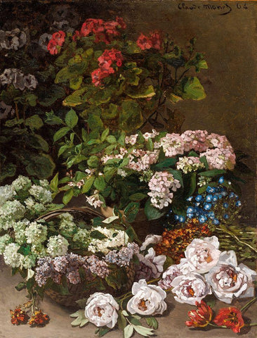 Spring Flowers White Modern Wood Framed Art Print with Double Matting by Monet, Claude