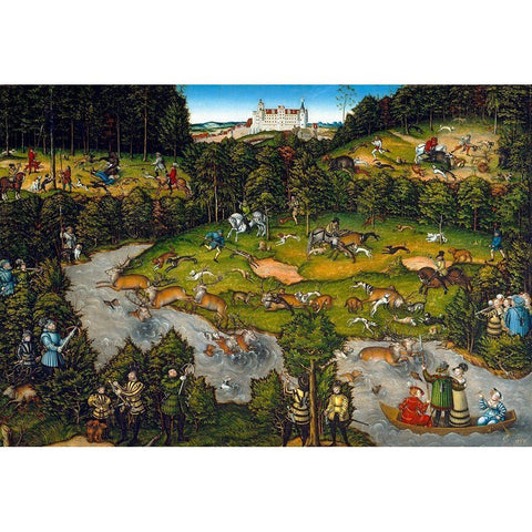 Hunting near Hartenfels Castle Black Modern Wood Framed Art Print by Cranach, Lucas