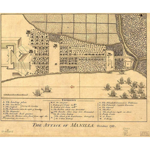 Attack on Manila Gold Ornate Wood Framed Art Print with Double Matting by Vintage Maps