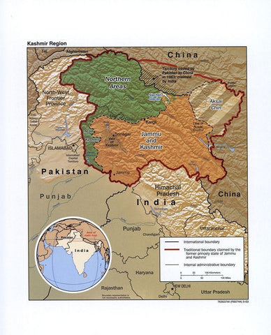 Kashmir-India White Modern Wood Framed Art Print with Double Matting by Vintage Maps