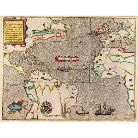 Sir Francis Drake in Santa Domingo 1589 Gold Ornate Wood Framed Art Print with Double Matting by Vintage Maps