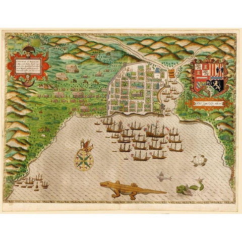 Voyages of Sir Francis Drake 1589 Gold Ornate Wood Framed Art Print with Double Matting by Vintage Maps