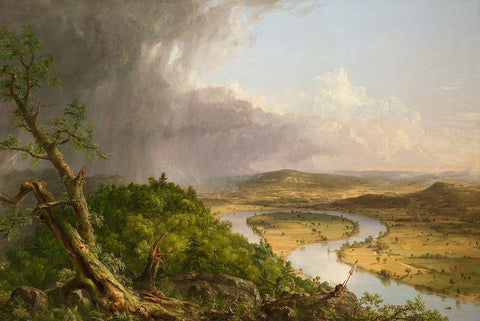 View from Mount Holyoke, Northampton, Massachusetts, after a Thunderstorm—The Oxbow White Modern Wood Framed Art Print with Double Matting by Cole, Thomas