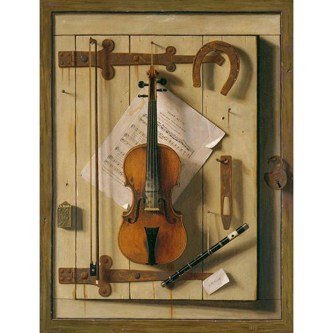 Still Life—Violin and Music Black Modern Wood Framed Art Print with Double Matting by Harnett, William Michael