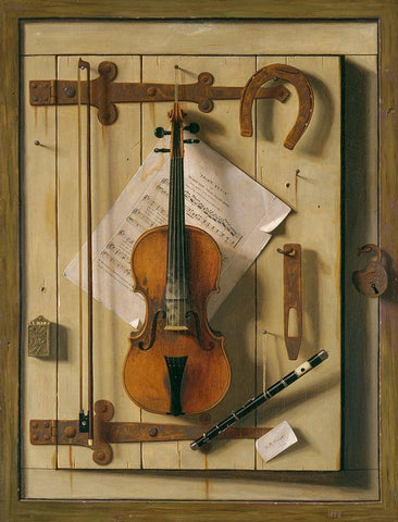 Still Life—Violin and Music Black Ornate Wood Framed Art Print with Double Matting by Harnett, William Michael