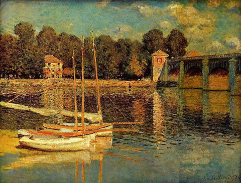 Bridge in Argenteuil White Modern Wood Framed Art Print with Double Matting by Monet, Claude