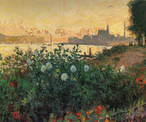 Flowered Riverbank, Argenteuil White Modern Wood Framed Art Print with Double Matting by Monet, Claude