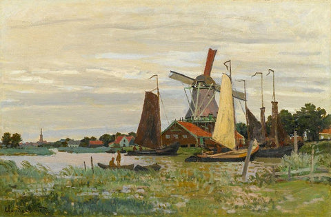 Un Moulin à Zaandam White Modern Wood Framed Art Print with Double Matting by Monet, Claude