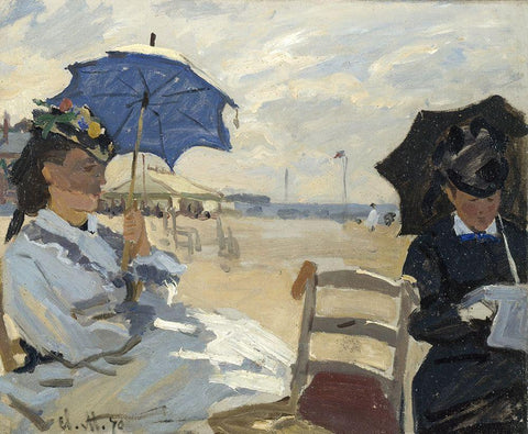 At the beach of Trouville White Modern Wood Framed Art Print with Double Matting by Monet, Claude
