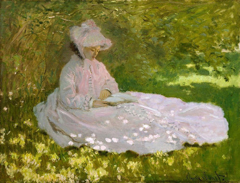 Springtime White Modern Wood Framed Art Print with Double Matting by Monet, Claude