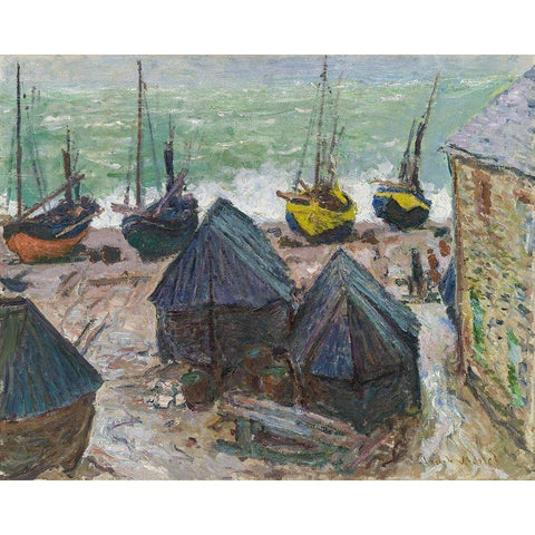 Boats on the Beach at Étretat White Modern Wood Framed Art Print by Monet, Claude
