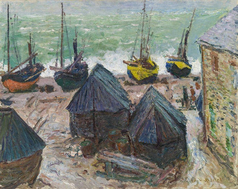 Boats on the Beach at Étretat White Modern Wood Framed Art Print with Double Matting by Monet, Claude