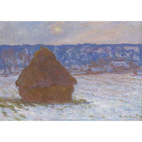 Stack of Wheat (Snow Effect, Overcast Day) Gold Ornate Wood Framed Art Print with Double Matting by Monet, Claude