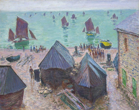 The Departure of the Boats, Étretat Black Ornate Wood Framed Art Print with Double Matting by Monet, Claude