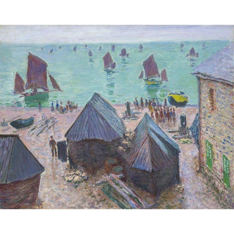 The Departure of the Boats, Étretat Black Modern Wood Framed Art Print with Double Matting by Monet, Claude
