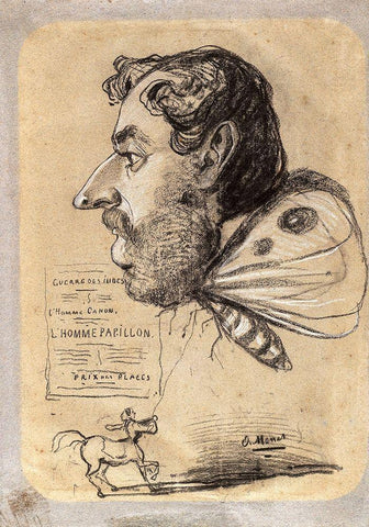 Caricature of Jules Didier (“Butterfly Manâ€) White Modern Wood Framed Art Print with Double Matting by Monet, Claude