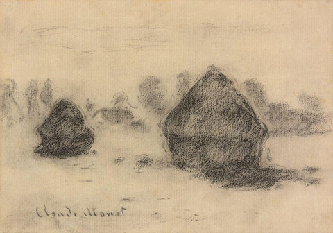 Stacks of Wheat Black Ornate Wood Framed Art Print with Double Matting by Monet, Claude