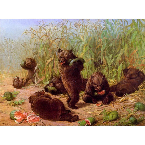 Bears in the Watermelon Patch White Modern Wood Framed Art Print by Beard, William Holbrook