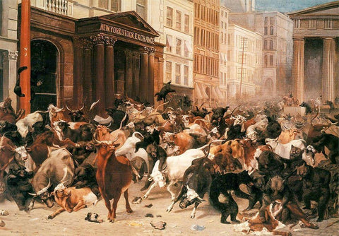 Bulls and Bears in the Market White Modern Wood Framed Art Print with Double Matting by Beard, William Holbrook