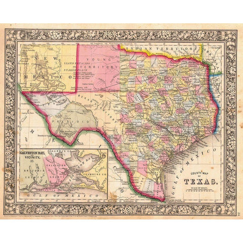 County Map Of Texas, 1864 Gold Ornate Wood Framed Art Print with Double Matting by Mitchell, Samuel Augustus