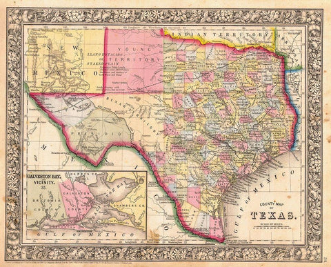County Map Of Texas, 1864 White Modern Wood Framed Art Print with Double Matting by Mitchell, Samuel Augustus