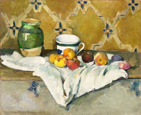 Still Life with Jar, Cup, and Apples  White Modern Wood Framed Art Print with Double Matting by Cezanne, Paul