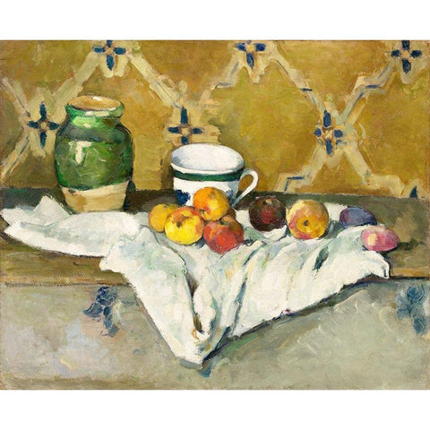 Still Life with Jar, Cup, and Apples  Gold Ornate Wood Framed Art Print with Double Matting by Cezanne, Paul