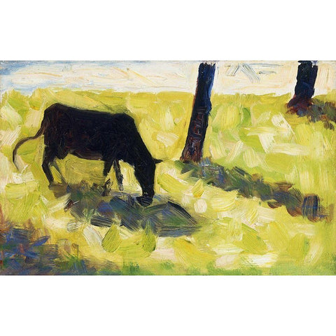 Black Cow in a Meadow  Gold Ornate Wood Framed Art Print with Double Matting by Seurat, Georges