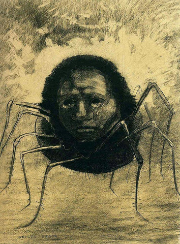 The Crying Spider White Modern Wood Framed Art Print with Double Matting by Redon, Odilon