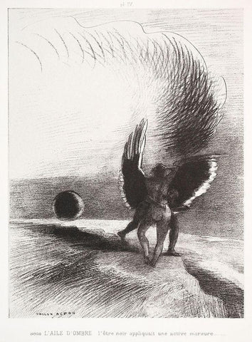 In the Shadow of the Wing, the Black Creature Bit Black Ornate Wood Framed Art Print with Double Matting by Redon, Odilon