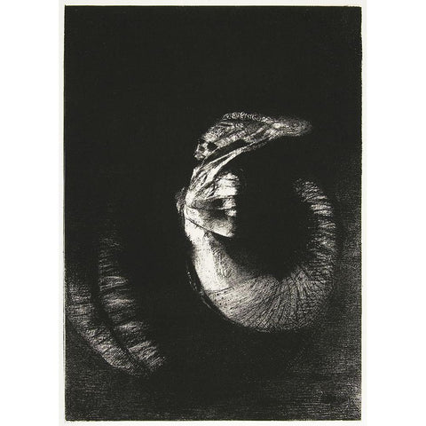 It Is a Skull, Crowned with Roses. It Dominates a Woman’s Pearly–White Torso Black Modern Wood Framed Art Print with Double Matting by Redon, Odilon