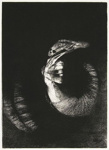 It Is a Skull, Crowned with Roses. It Dominates a Woman’s Pearly–White Torso Black Ornate Wood Framed Art Print with Double Matting by Redon, Odilon