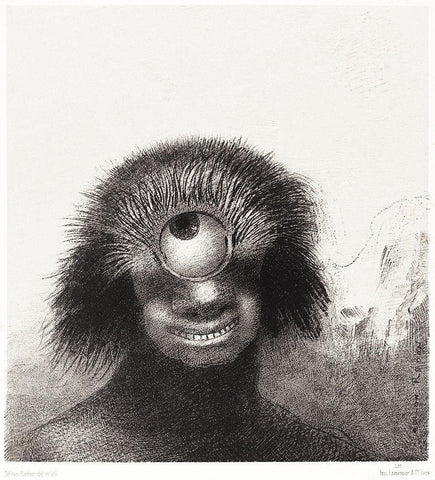 The Deformed Polyp Floated on the Shores, a Sort of Smiling and Hideous Cyclops by the Flower Black Ornate Wood Framed Art Print with Double Matting by Redon, Odilon