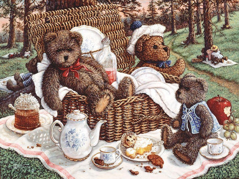 Bears Picnic Black Ornate Wood Framed Art Print with Double Matting by Kruskamp, Janet