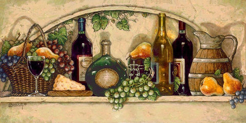 Wine, Fruit and Cheese Black Ornate Wood Framed Art Print with Double Matting by Kruskamp, Janet
