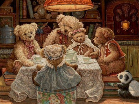 Teddy Bear Tea Party White Modern Wood Framed Art Print with Double Matting by Kruskamp, Janet