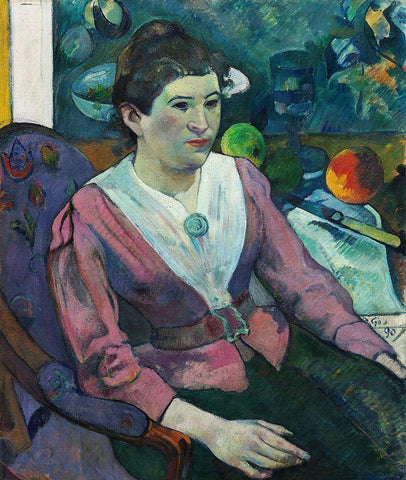 Woman in front of a Still Life by Cezanne Black Ornate Wood Framed Art Print with Double Matting by Gauguin, Paul