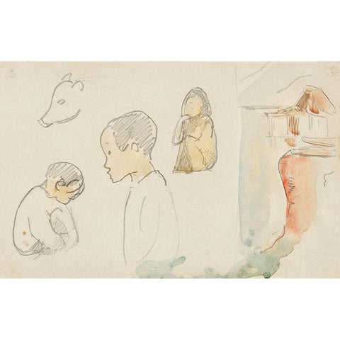 Sketches of Crouching and Standing Figures, a Pig, and a Hut at Water?s Edge Black Modern Wood Framed Art Print by Gauguin, Paul