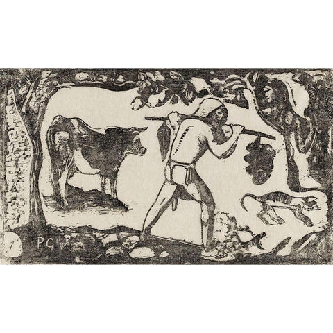 Tahitian Carrying Bananas, from the Suite of Late Wood-Block Black Modern Wood Framed Art Print with Double Matting by Gauguin, Paul