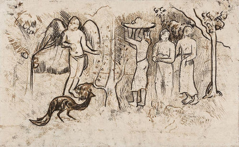 Angel, Peacock, and Three Tahitians Black Ornate Wood Framed Art Print with Double Matting by Gauguin, Paul