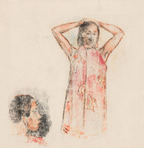 Tahitian Girl in Pink Pareu Black Ornate Wood Framed Art Print with Double Matting by Gauguin, Paul