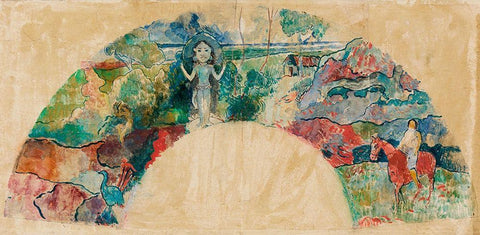 Design for a Fan Featuring a Landscape and a Statue of the Goddess Hina White Modern Wood Framed Art Print with Double Matting by Gauguin, Paul