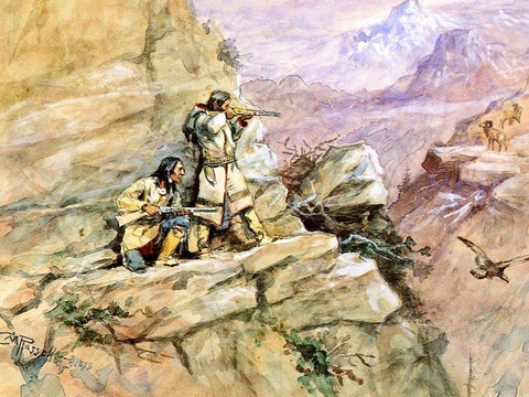 Hunting Big Horn Sheep White Modern Wood Framed Art Print with Double Matting by Russell, Charles Marion