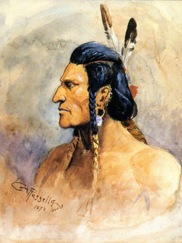 Indian Brave White Modern Wood Framed Art Print with Double Matting by Russell, Charles Marion