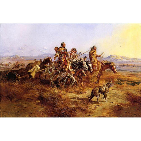 Indian Women Moving White Modern Wood Framed Art Print by Russell, Charles Marion
