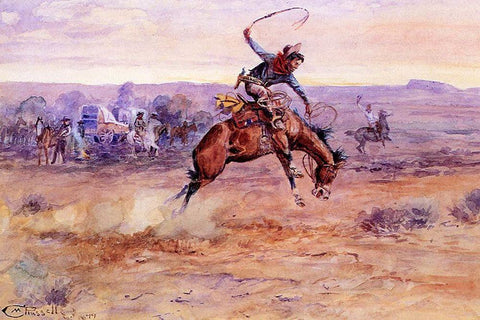 Bucking Bronco White Modern Wood Framed Art Print with Double Matting by Russell, Charles Marion